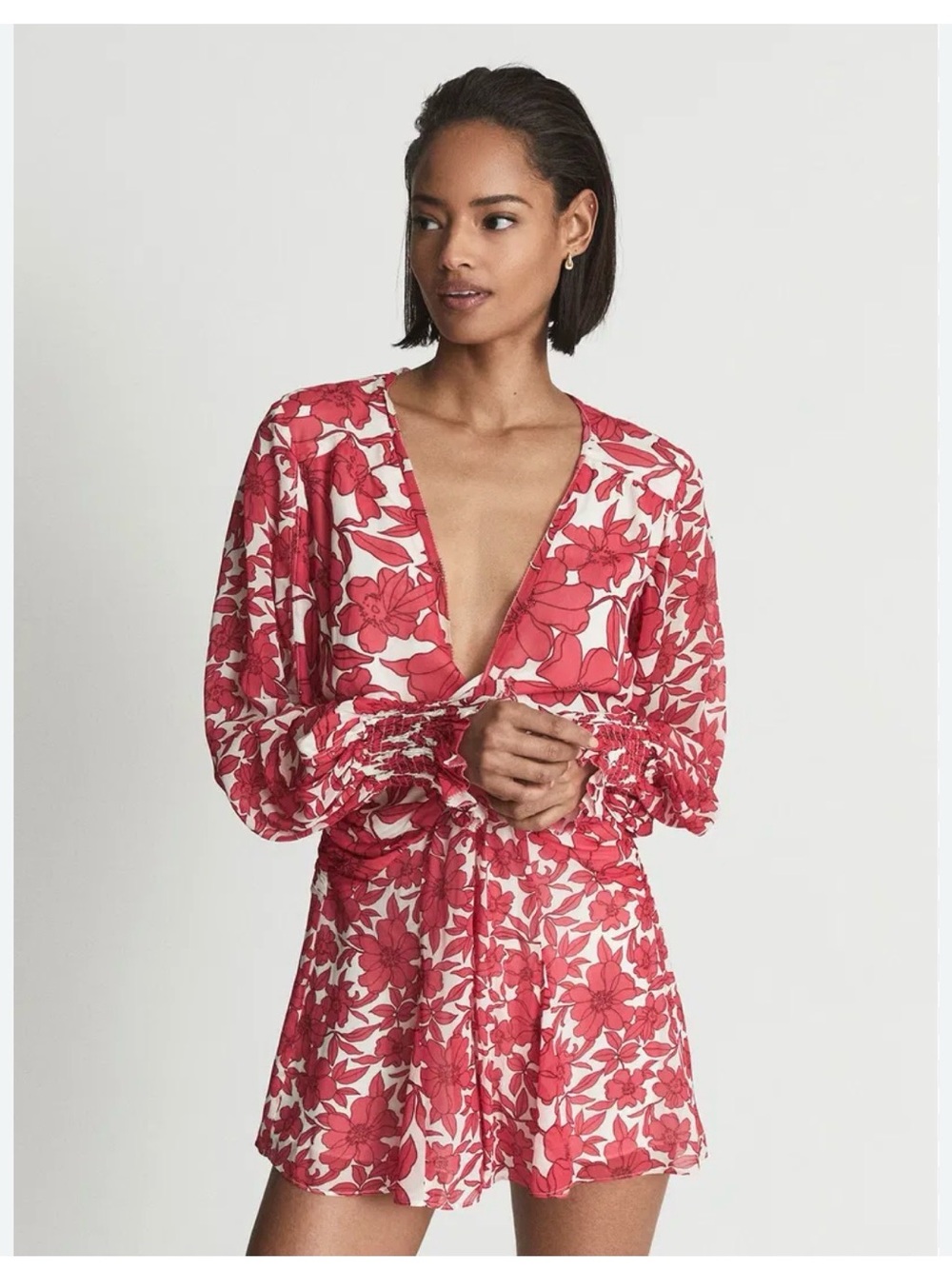 Reiss Red Floral V-Neck Tie-Back Tunic Romper size 4